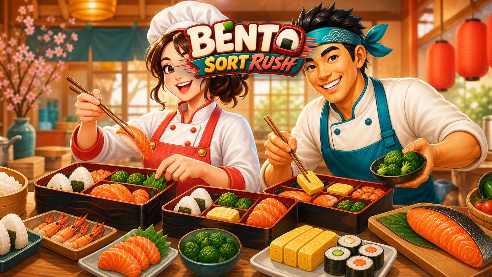 Bento Sort Rush promotional art showing a cheerful Japanese bento counter with the game logo.