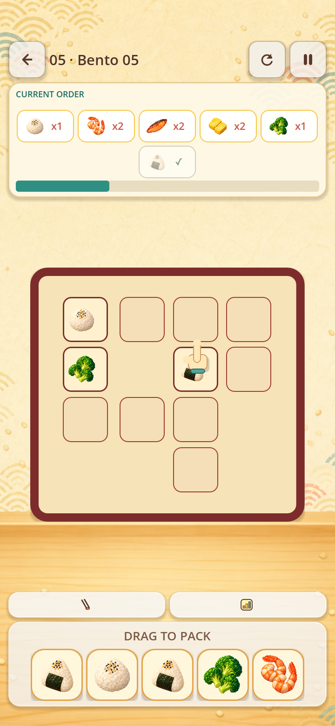 Drag colorful food into the exact bento layout before moves run out.