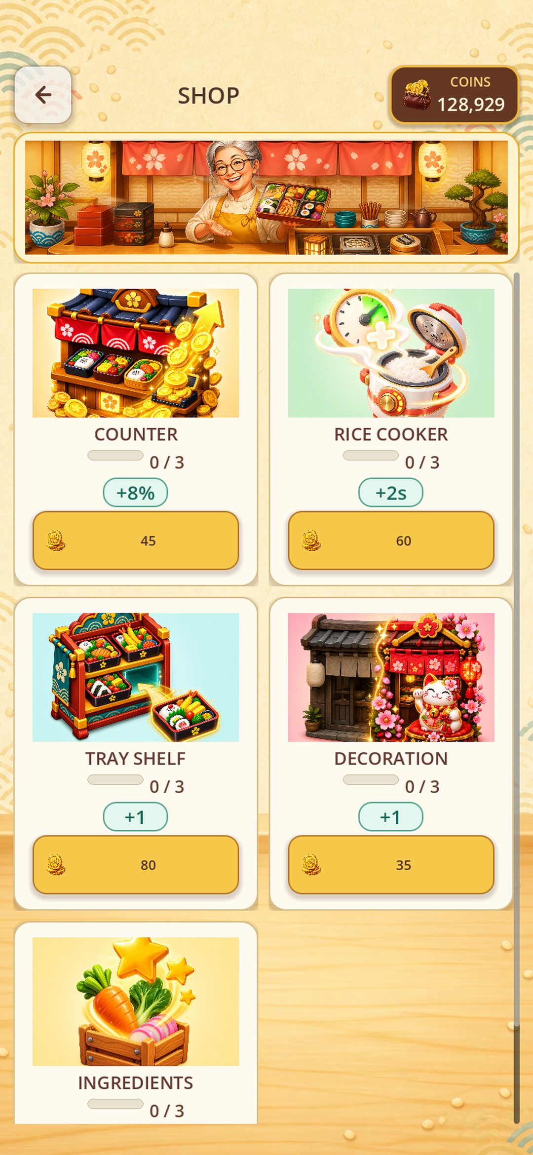 Spend earned coins on visual and gameplay kitchen upgrades.