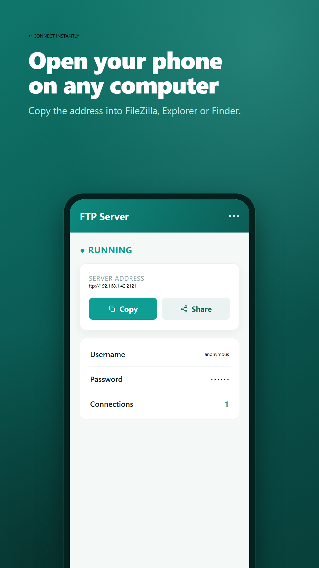 One tap to start a full FTP server