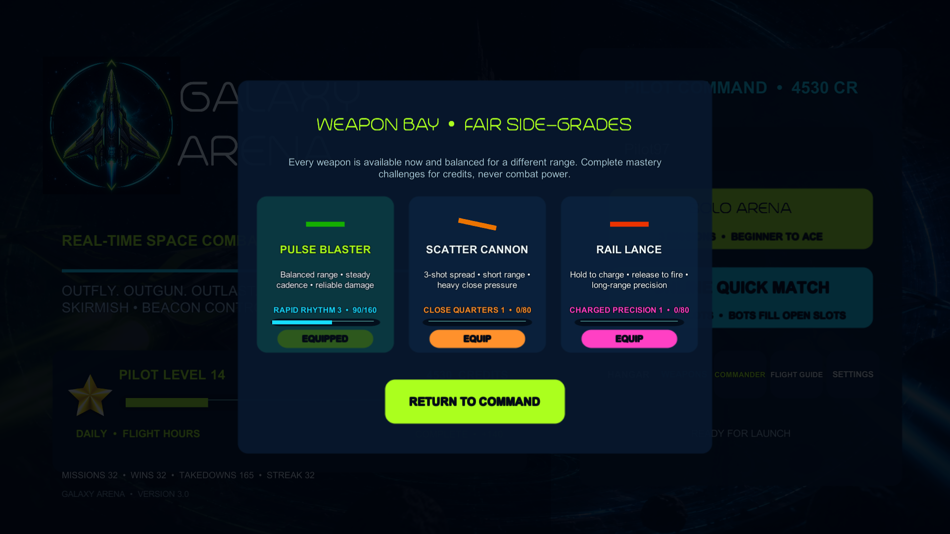 武器艙 — 三種公平武器與具名專精挑戰。
