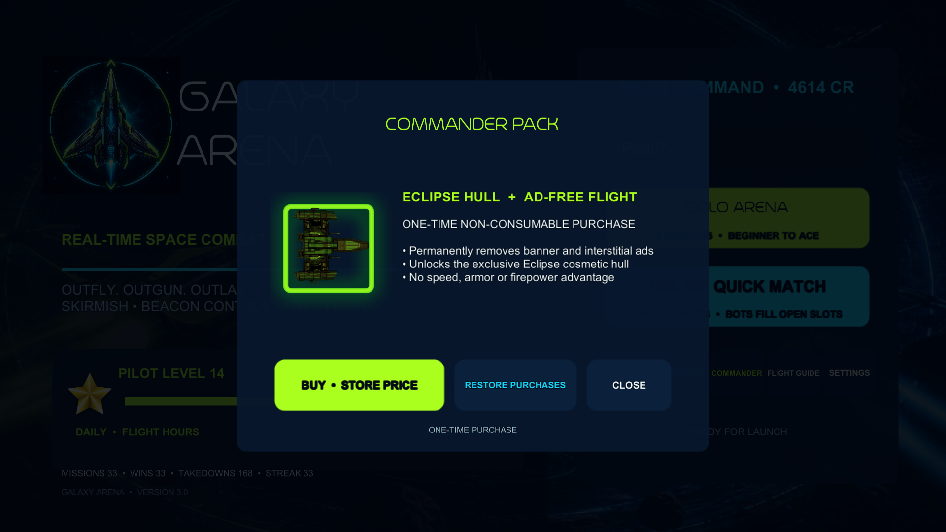 Commander Pack — 一次過移除廣告並解鎖外觀用 Eclipse 艦體。