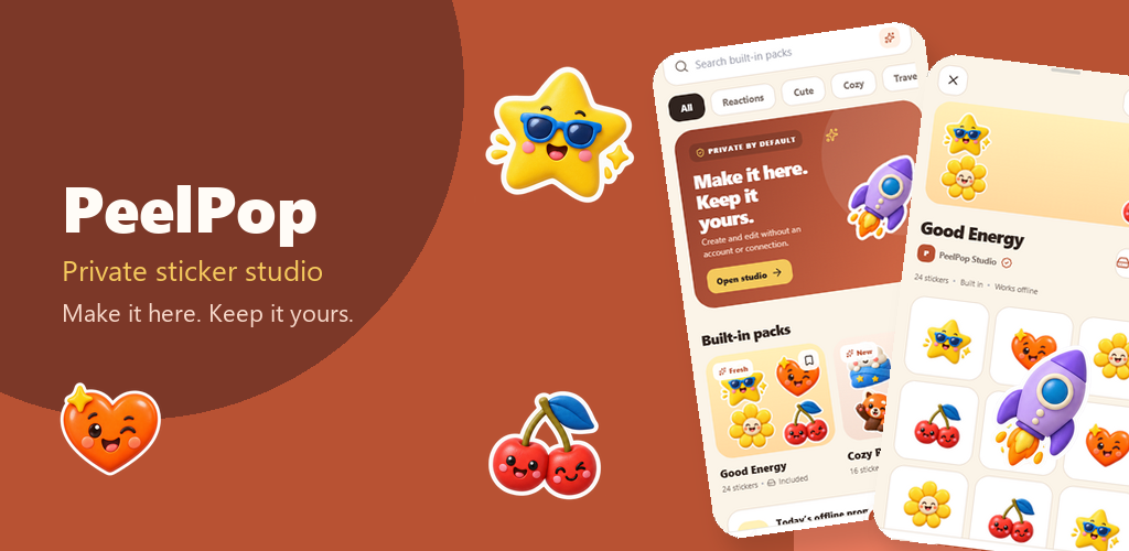 PeelPop private sticker studio with the home screen and Cozy Replies pack beside clay-style stickers