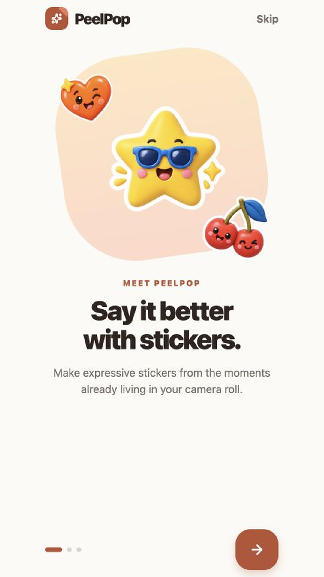 Onboarding with the headline Say it better with stickers.