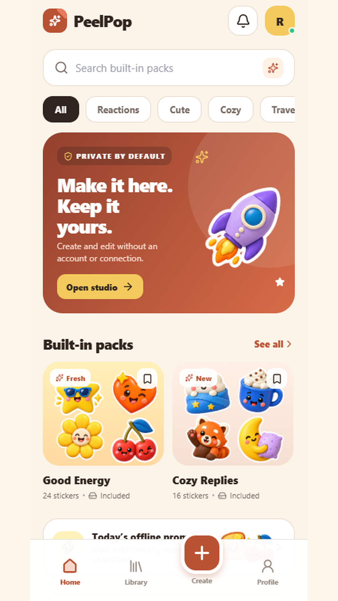 Home with a private-by-default studio card and built-in sticker packs.