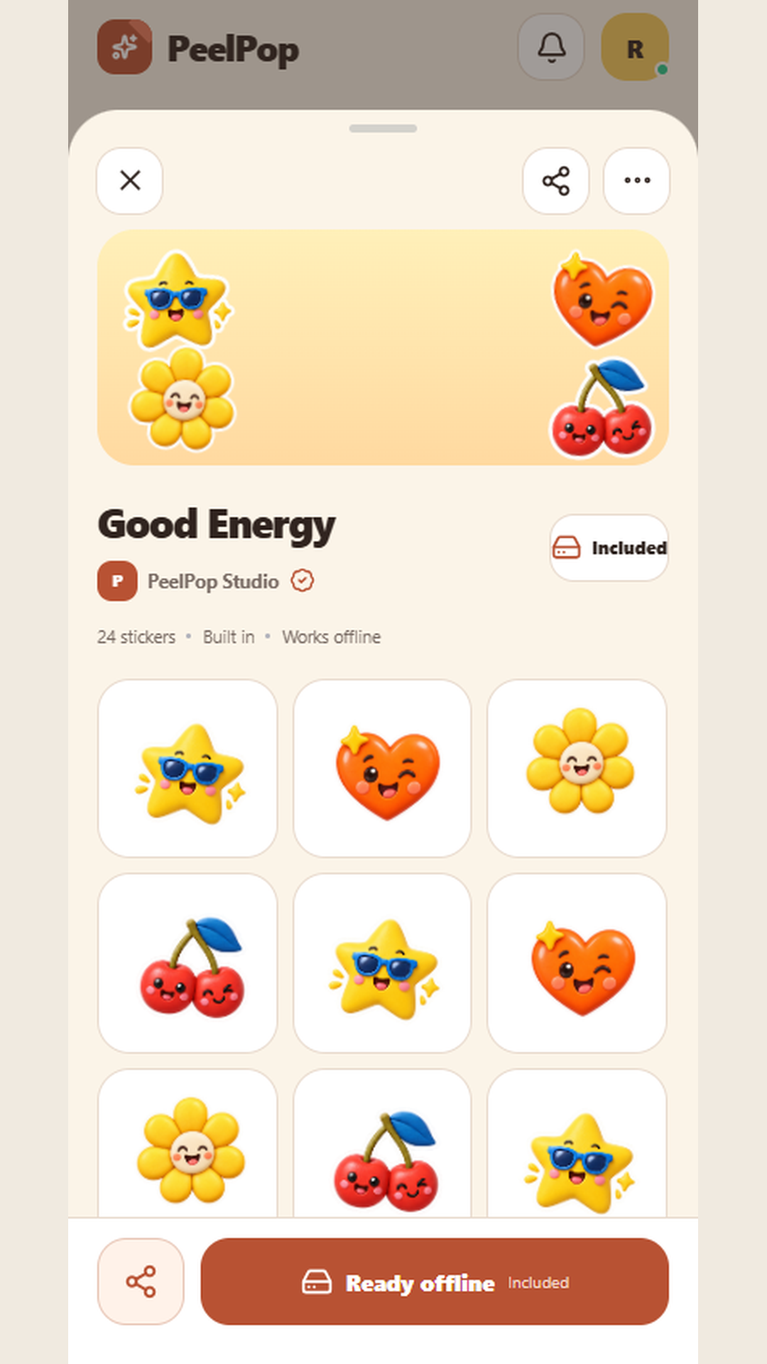 Good Energy built-in pack showing clay-style stickers that work offline.