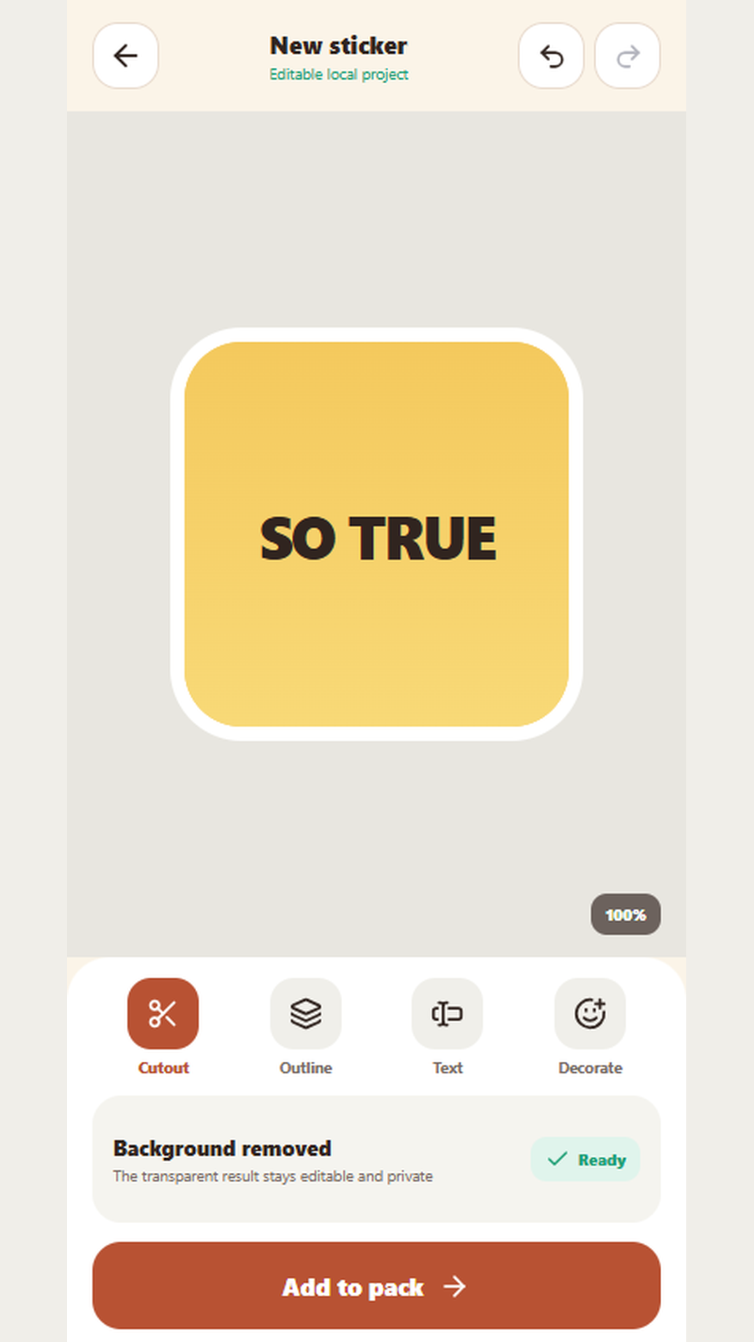 Editor with cutout, outline, text, and decorate tools.