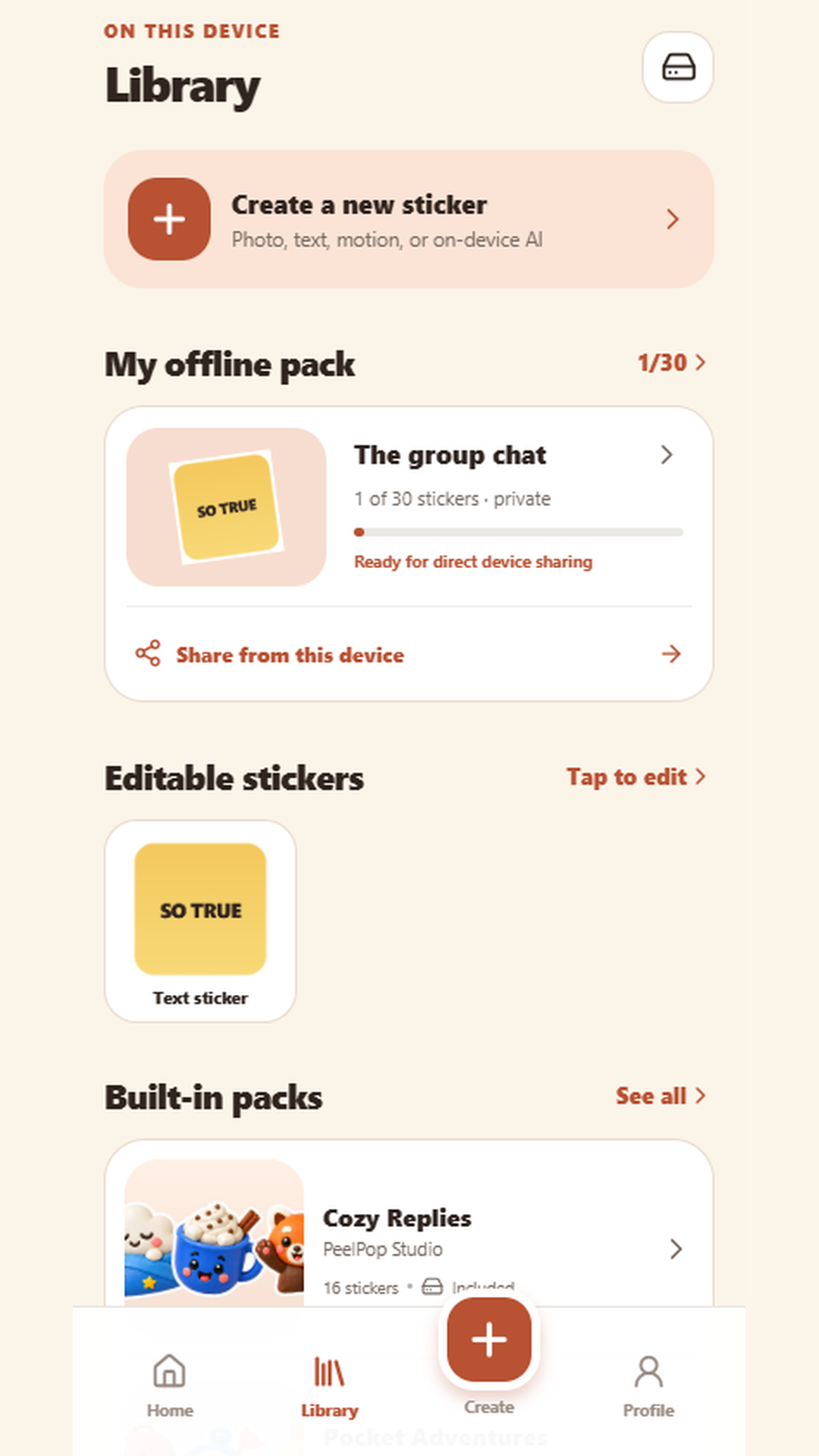 Local library with a private pack and editable stickers saved on the device.