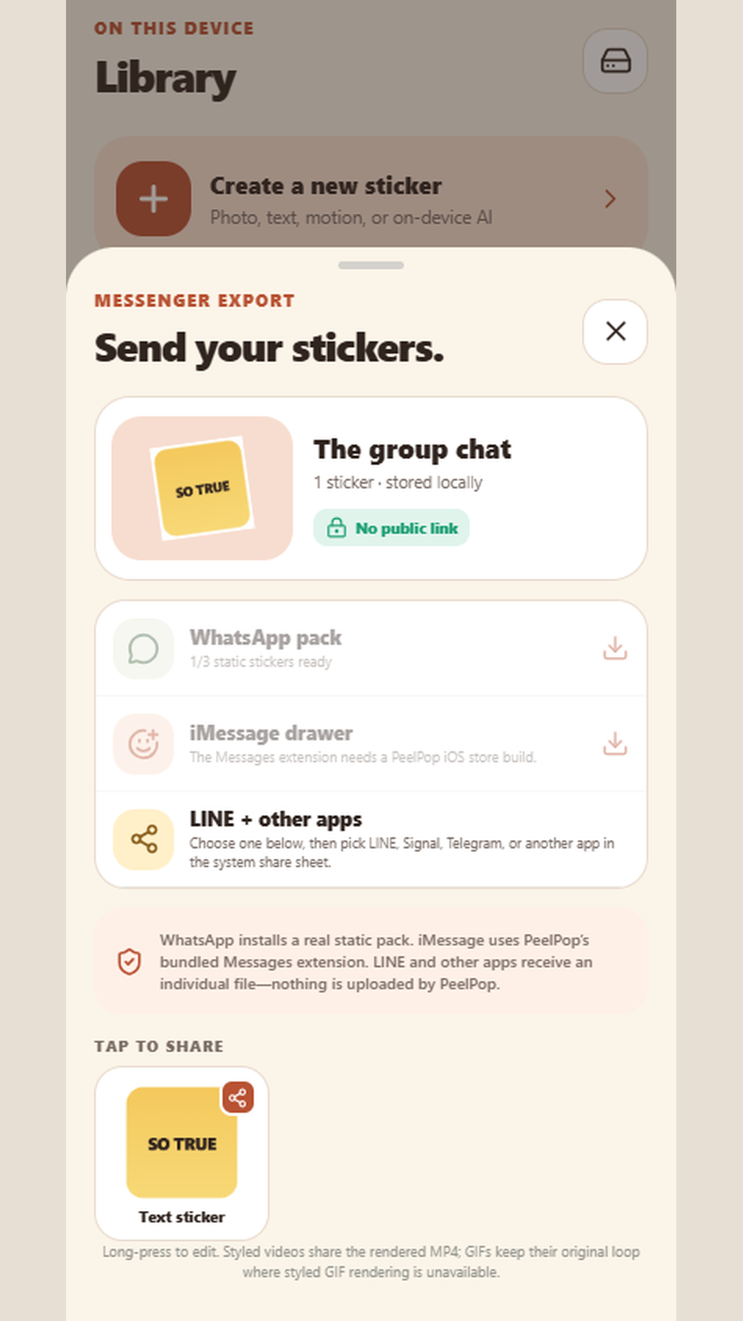 Share sheet for WhatsApp pack install and one-sticker sharing to other chat apps.